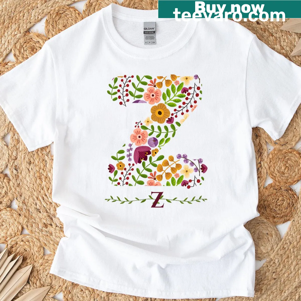 Watercolor floral Z initial T-shirt with botanical flower design — on a men's t-shirt