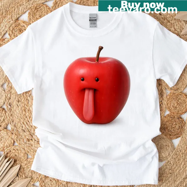 Funny graphic T-shirt with a tongue-out apple meme
