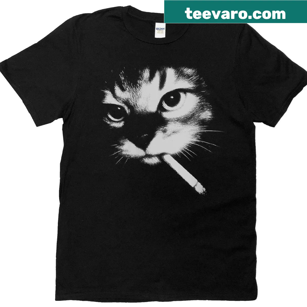 Black cat face t-shirt with smoking meme illustration — on a men's t-shirt