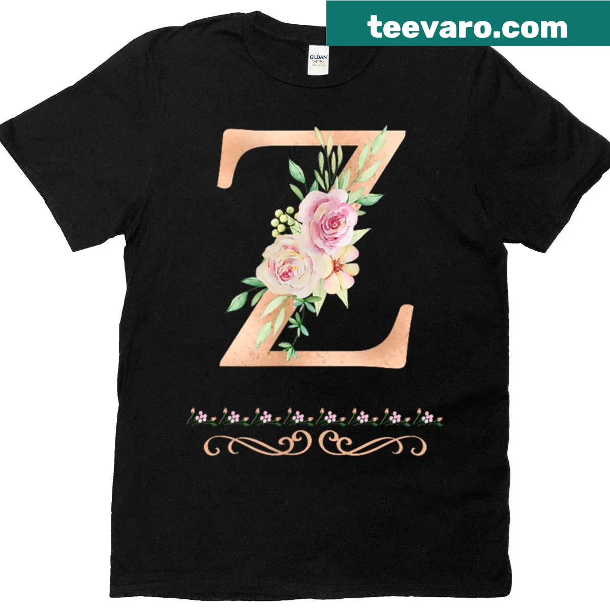 Watercolor rose flower t-shirt with letter Z initial — on a men's t-shirt