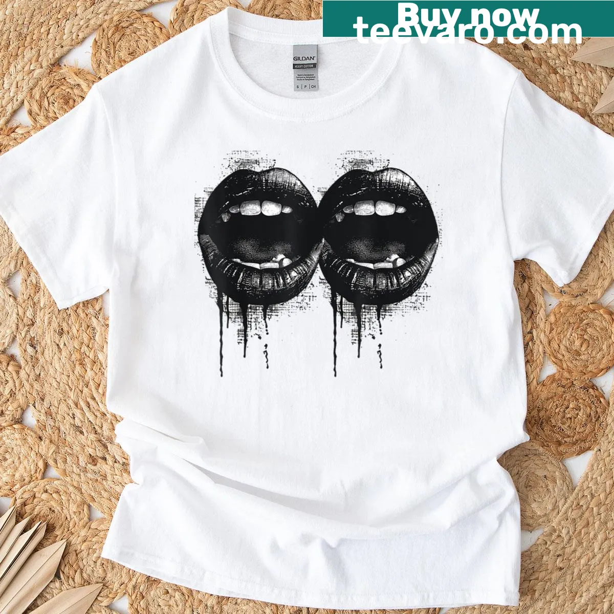Vintage style T-shirt with a graphic lips print — on a men's t-shirt