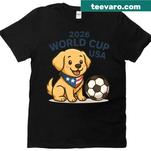 Illustrated T-shirt featuring a dog celebrating the World Cup 2026.