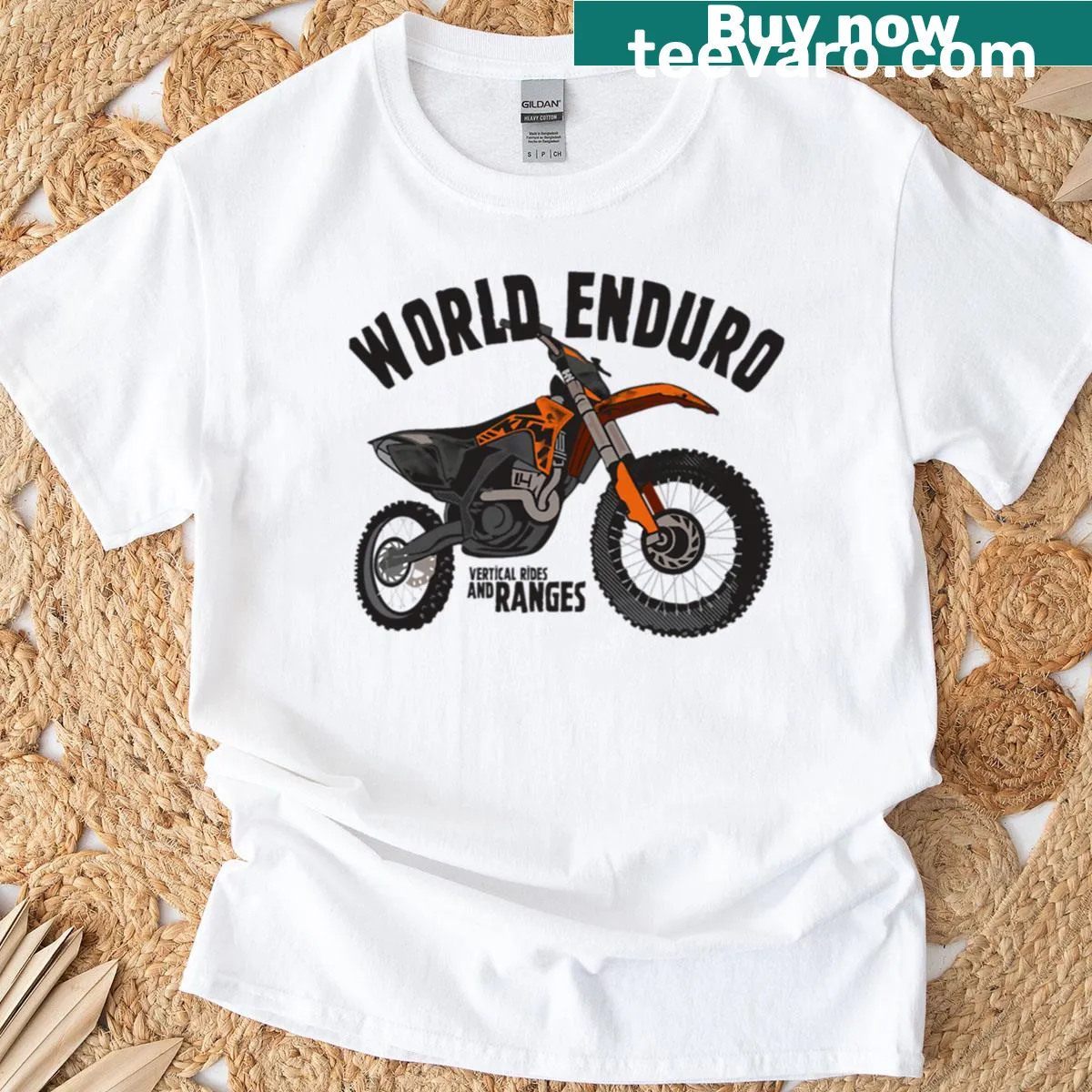 Illustration of a motorcycle mid-action, representing enduro riding. — on a men's t-shirt