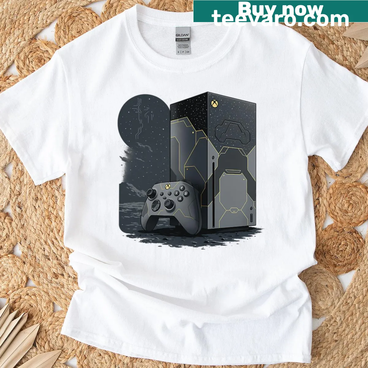 Minimalist Xbox console graphic t-shirt — on a men's t-shirt
