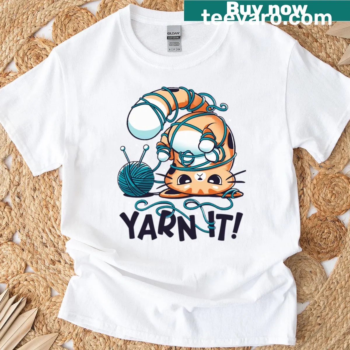 Cute cartoon T-shirt featuring a cat tangled in yarn — on a men's t-shirt