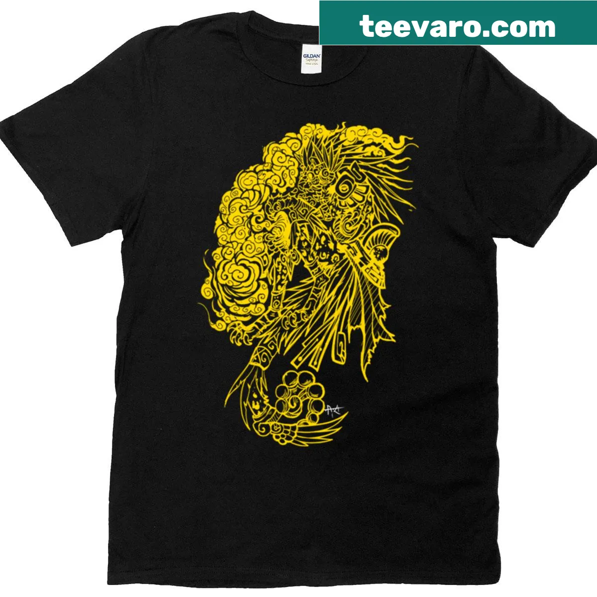 Illustrative T-shirt featuring Tezcatlipoca, the Aztec deity — on a men's t-shirt