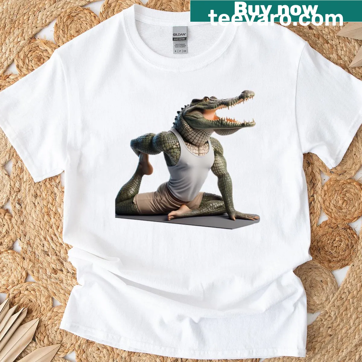 Crocodile cartoon doing yoga on T-shirt — on a men's t-shirt