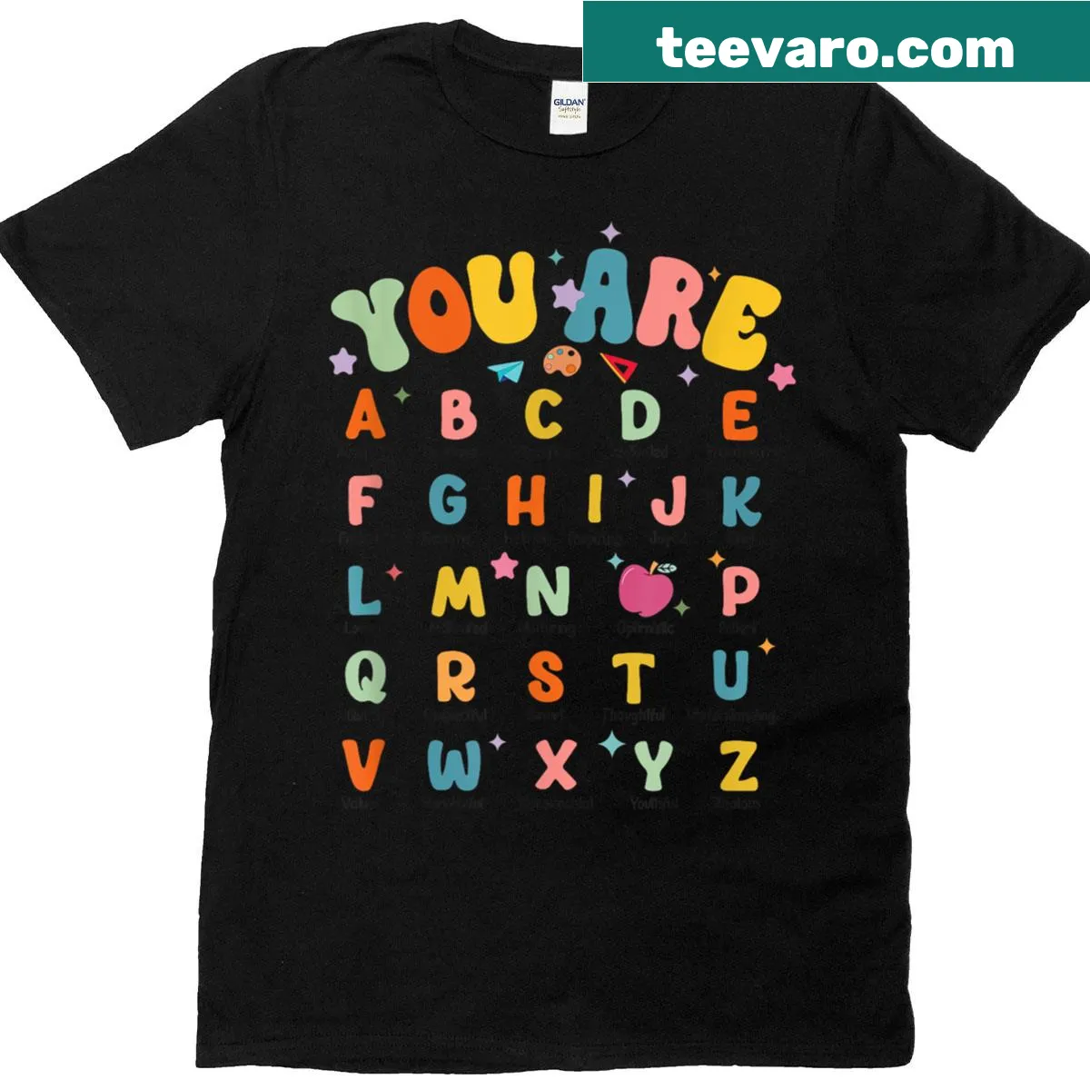 Positive alphabet t-shirt featuring letters A-Z — on a men's t-shirt