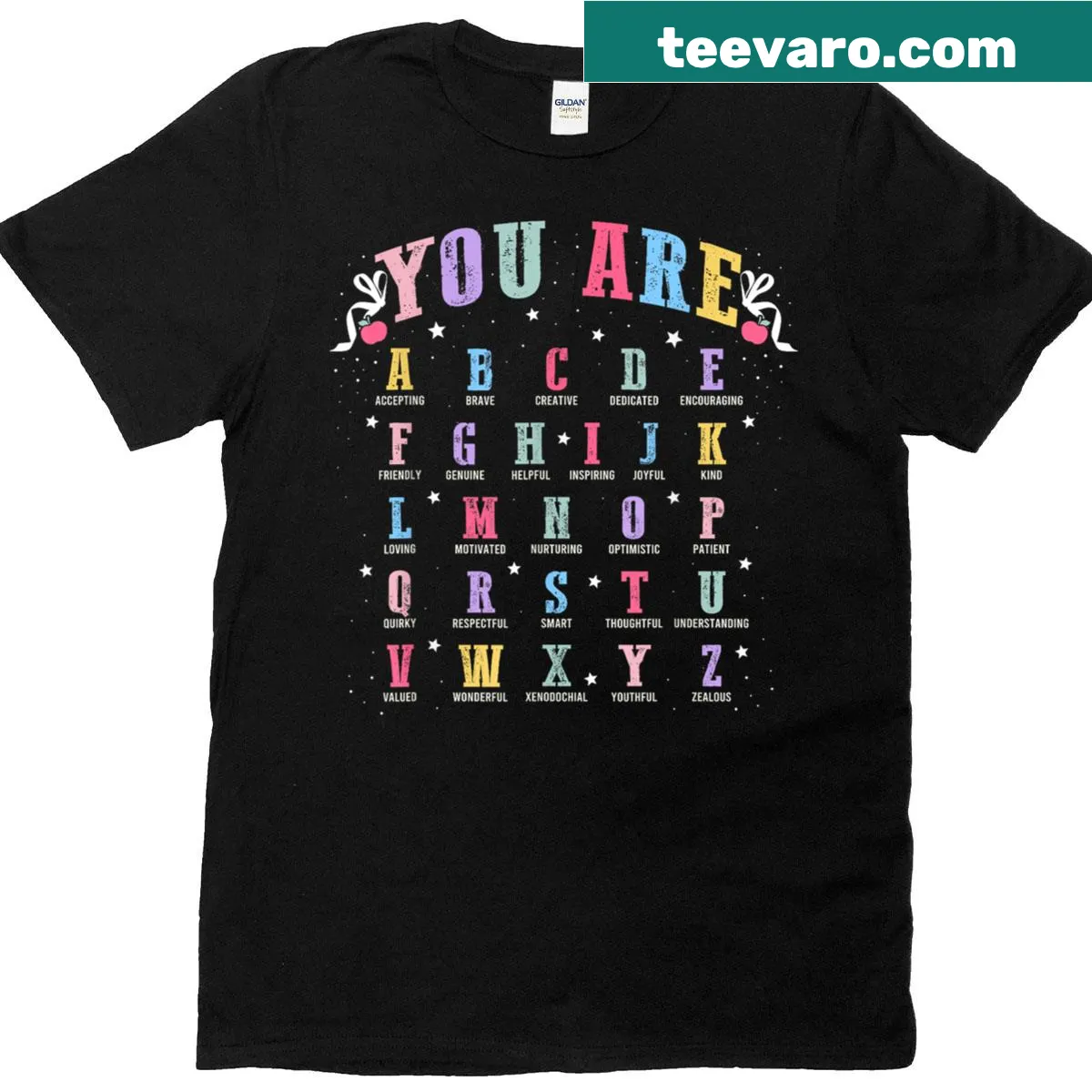 Motivational T-shirt for alphabet teachers with A to Z graphic — on a men's t-shirt