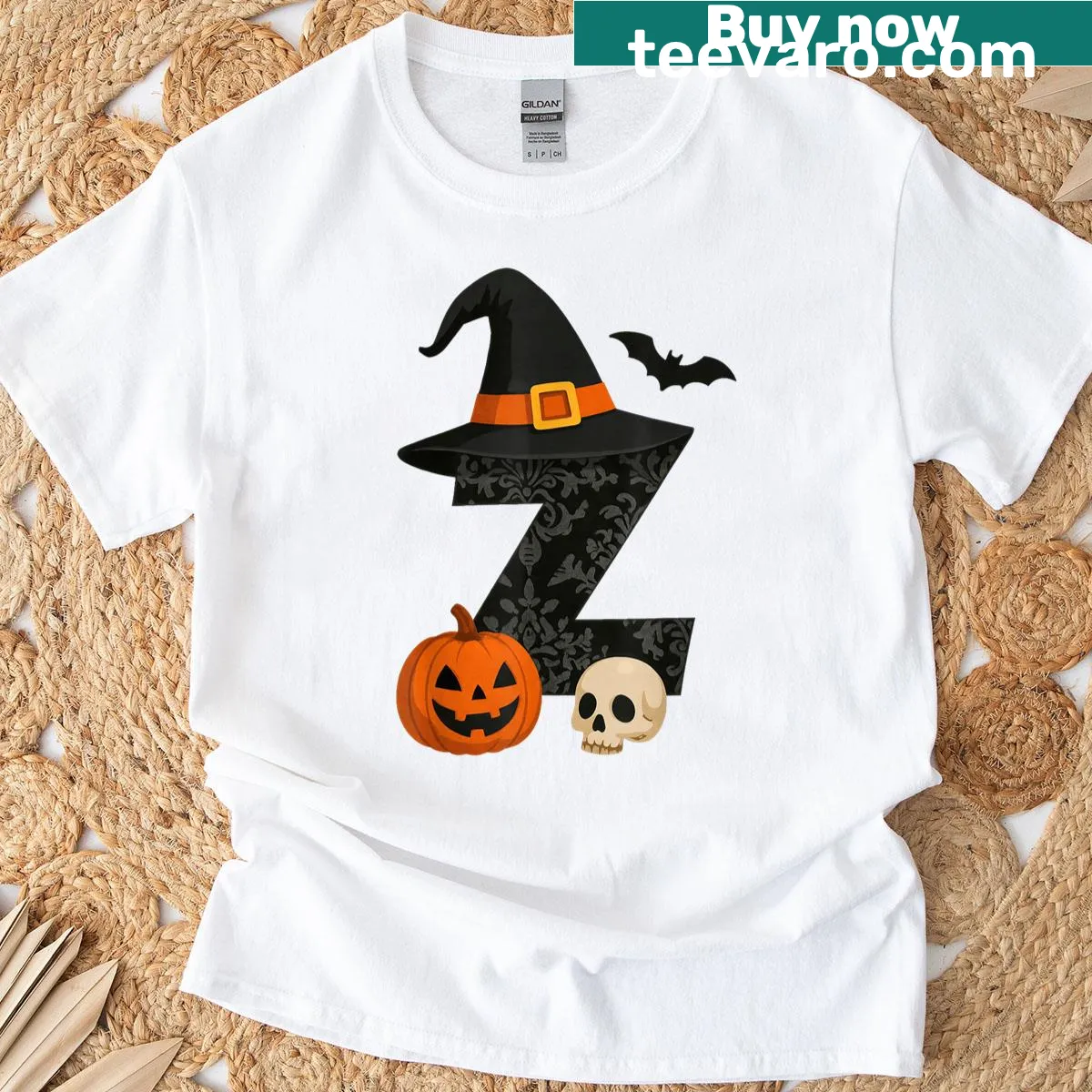 Halloween T-shirt with a witch hat and pumpkin illustration — on a men's t-shirt