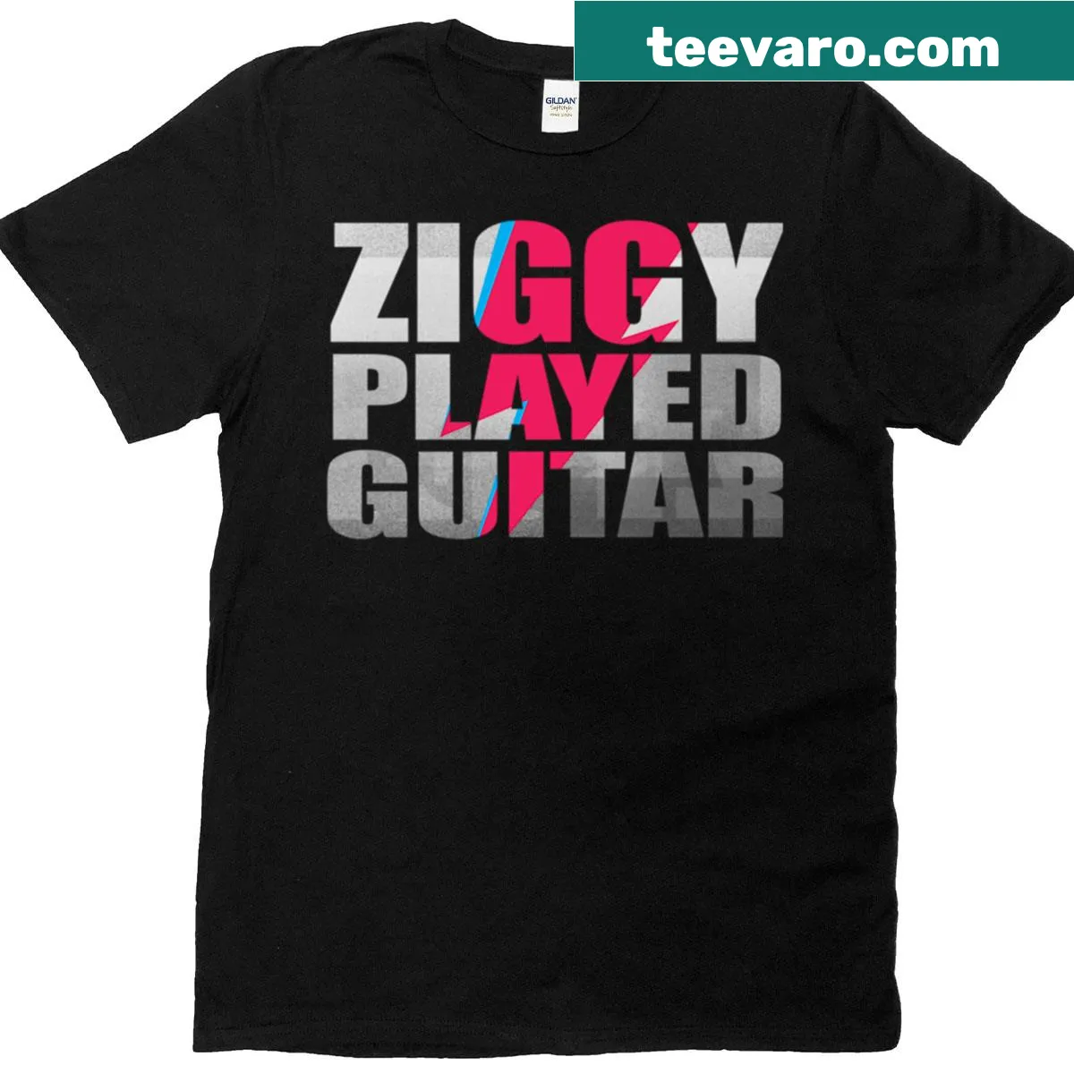 Illustrative t-shirt featuring Ziggy playing guitar — on a men's t-shirt