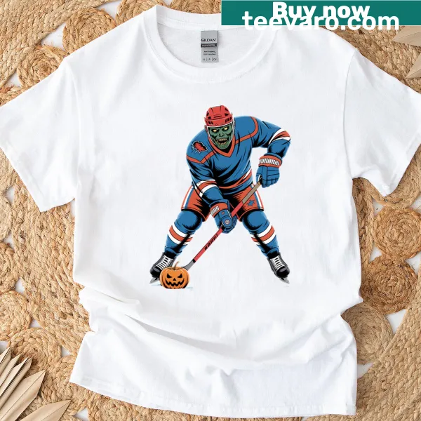 Cartoon zombie ice hockey player graphic on Halloween T-shirt