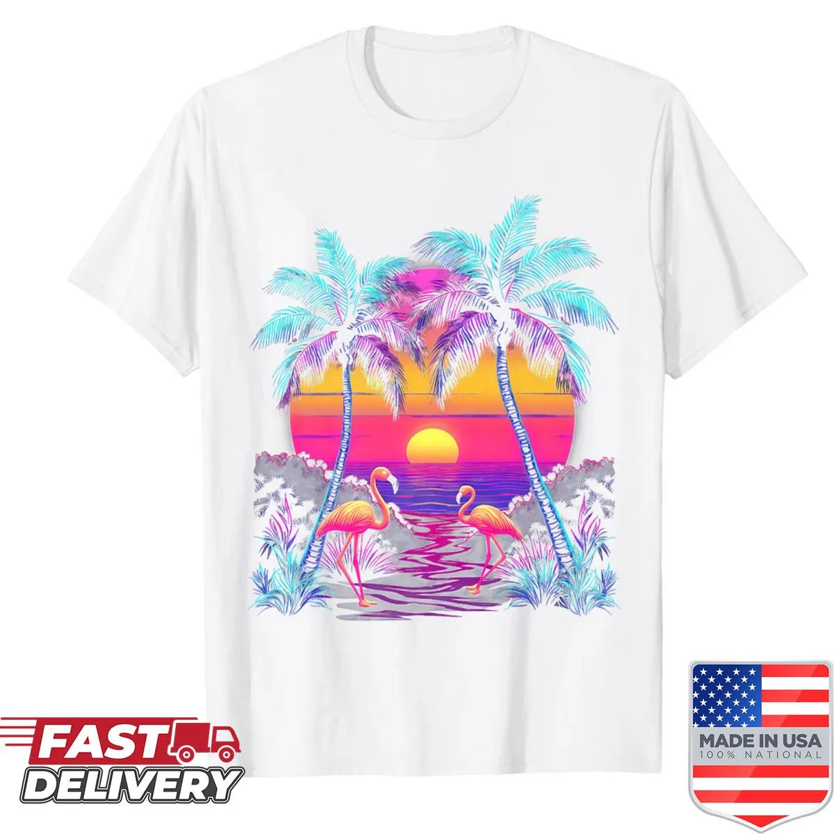 Retro 90s vaporwave shirt with palm trees and synthwave design