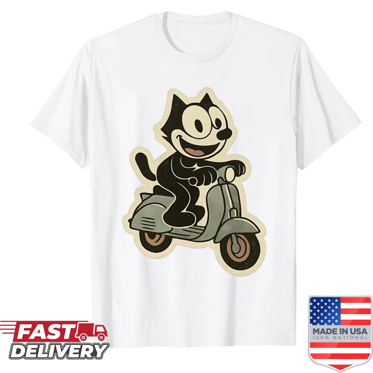 Felix the Cat driving a vintage Lambretta scooter illustration