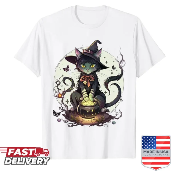 Cartoon witch cat graphic on shirt
