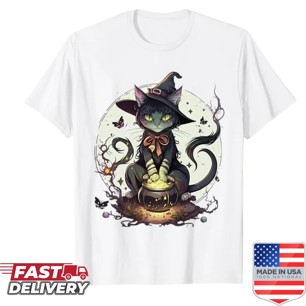 Cartoon witch cat graphic on shirt