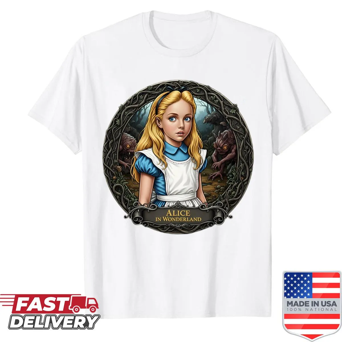 Illustrated Alice in Dark Wonderland t-shirt with whimsical elements