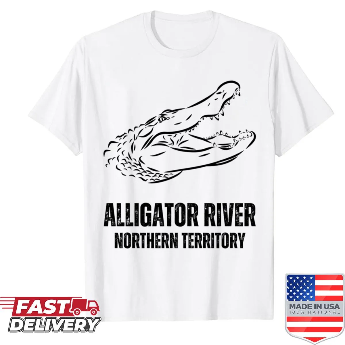 Illustrated t-shirt featuring an alligator in a river setting