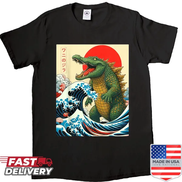 Illustration of Alligatorzilla in Japanese art style on a shirt
