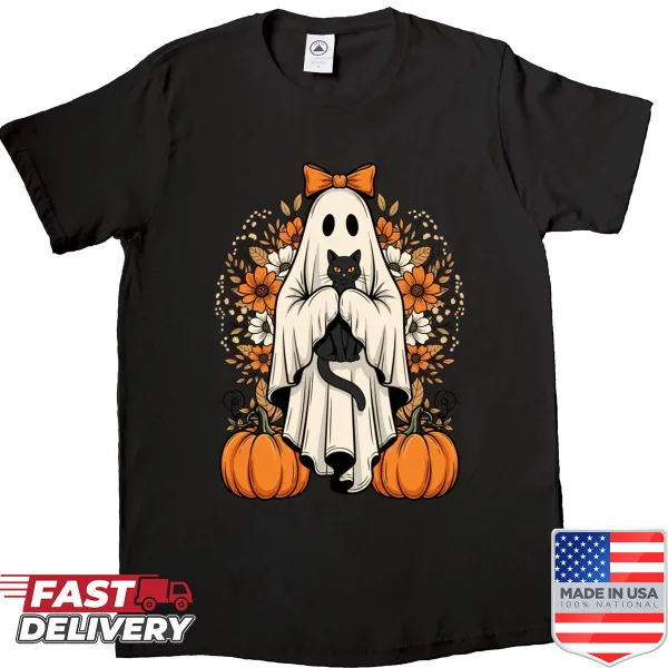 Cute autumn-themed shirt with a ghost cat and pumpkins