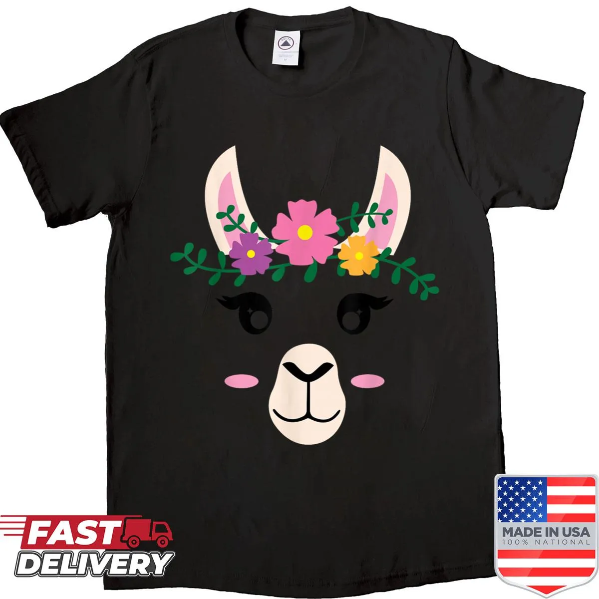 Playful alpaca face Halloween design with flowers on a T-shirt