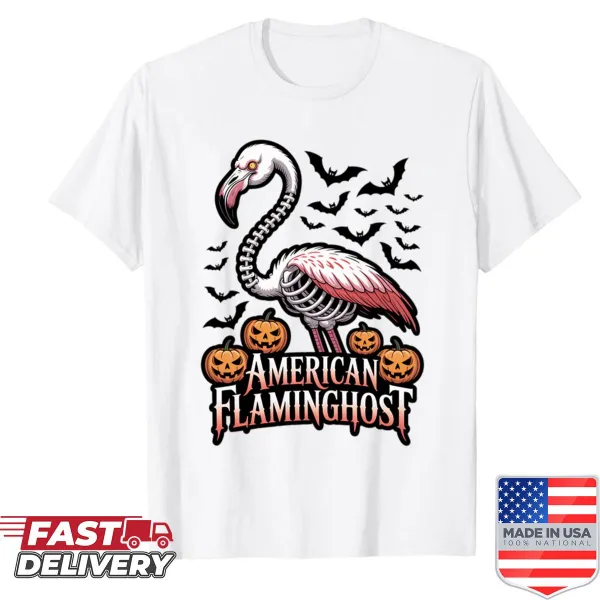 Funny Halloween shirt featuring a flamingo disguised as a ghost