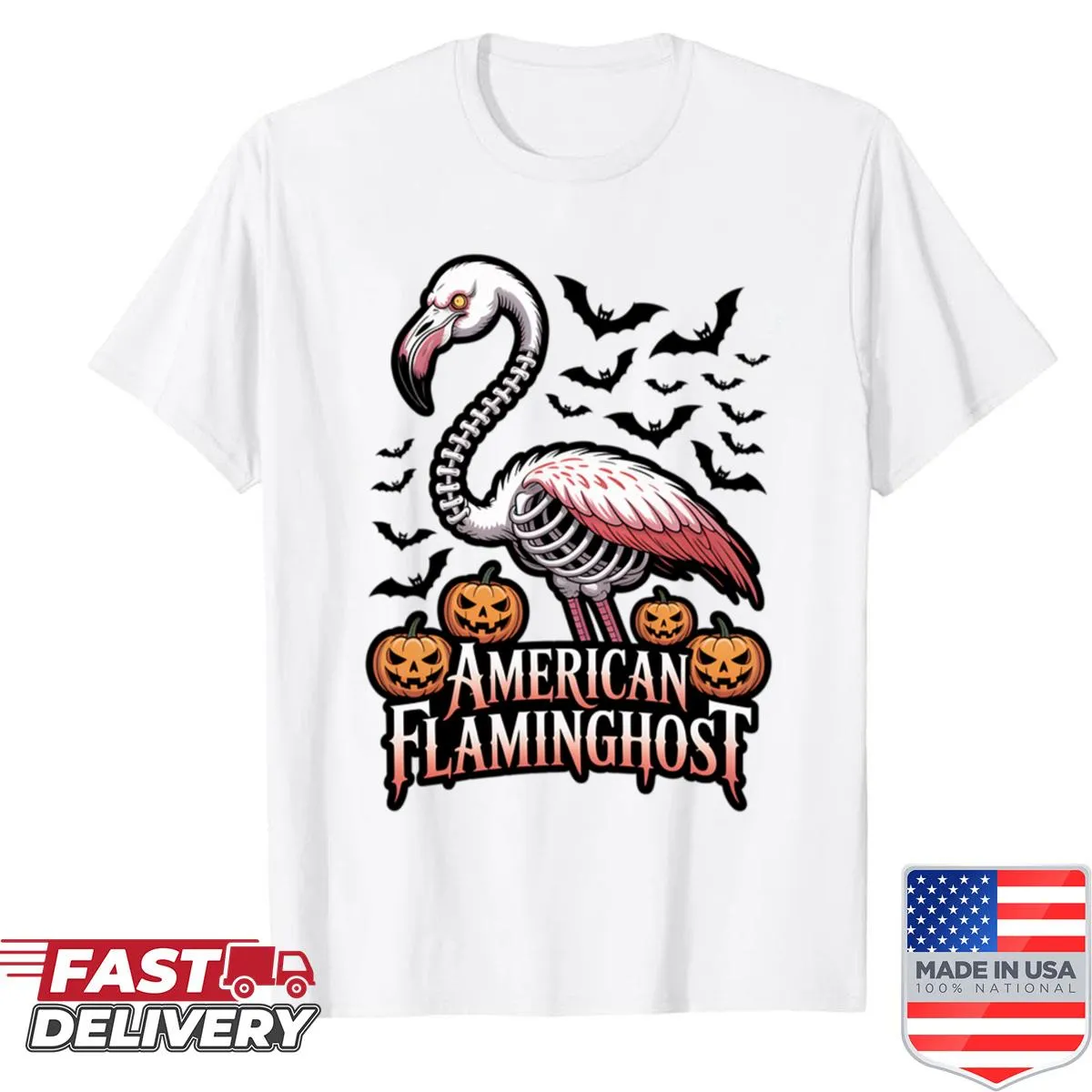 Funny Halloween shirt featuring a flamingo disguised as a ghost