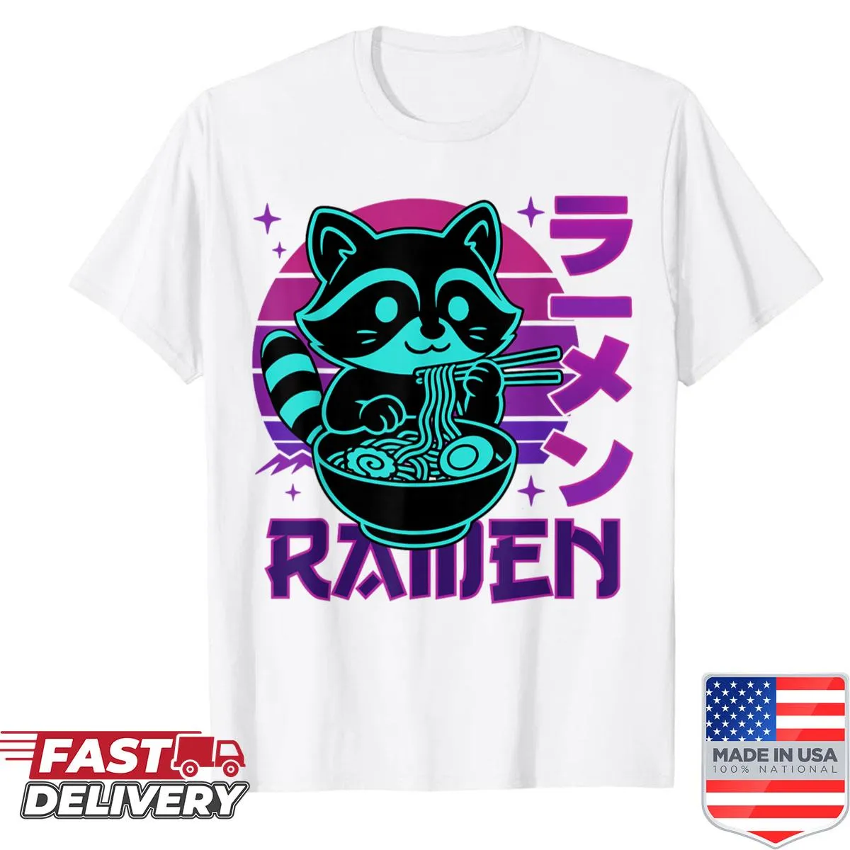 Kawaii raccoon with noodles in a cartoon style on a shirt