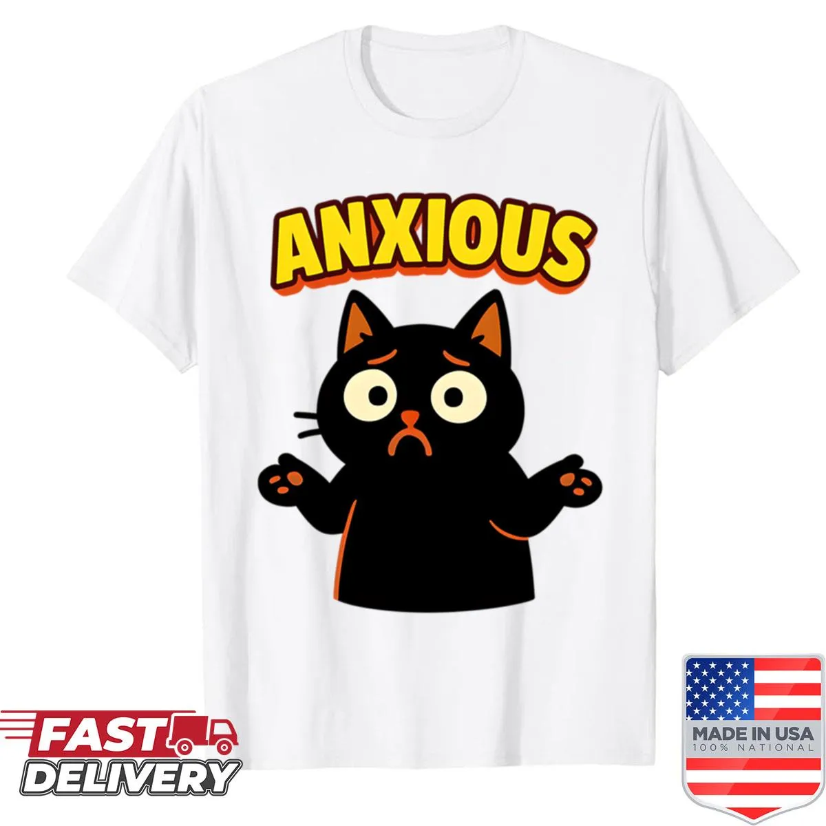 Cute cartoon black cat design illustrating anxiety on a T-shirt