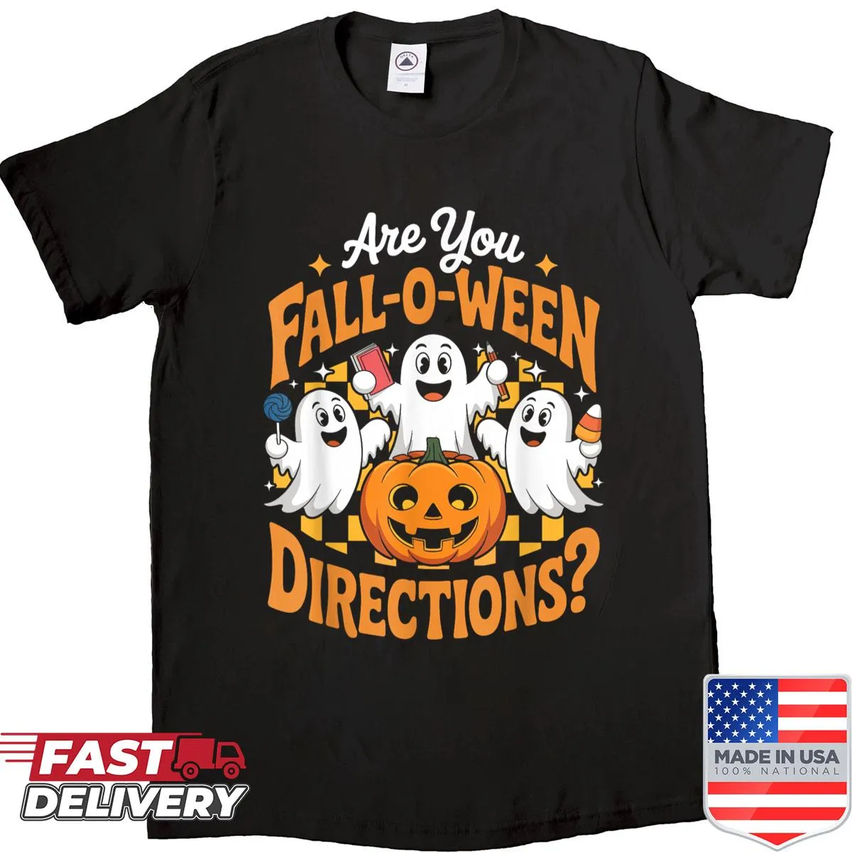 Playful Halloween shirt featuring ghost and pumpkin directions design