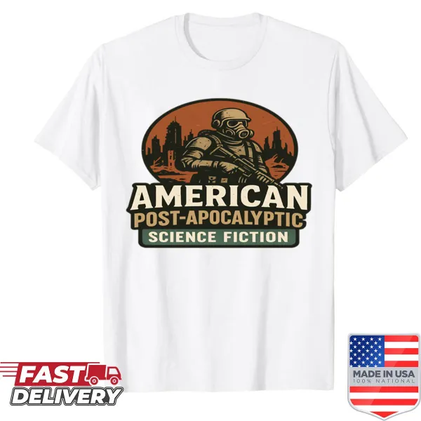 Graphic t-shirt depicting an armed survivor in a post-apocalyptic setting