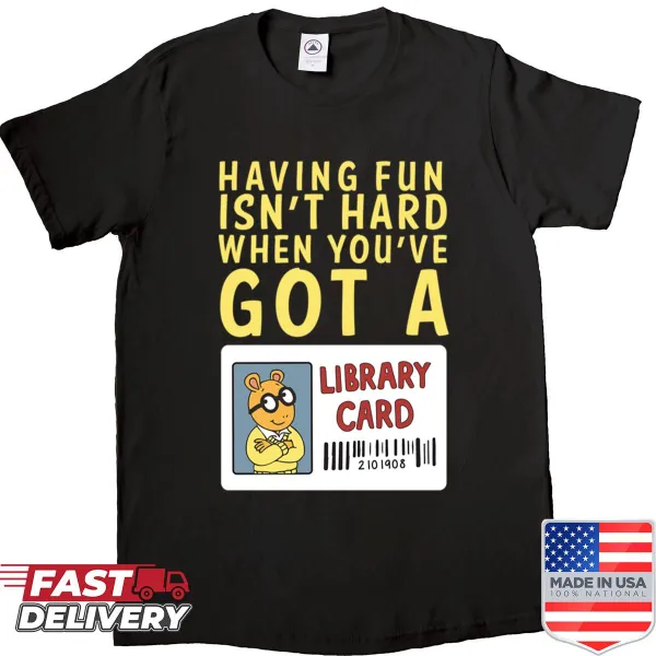 Shirt featuring an illustration of a library card with the name 'Arthur'