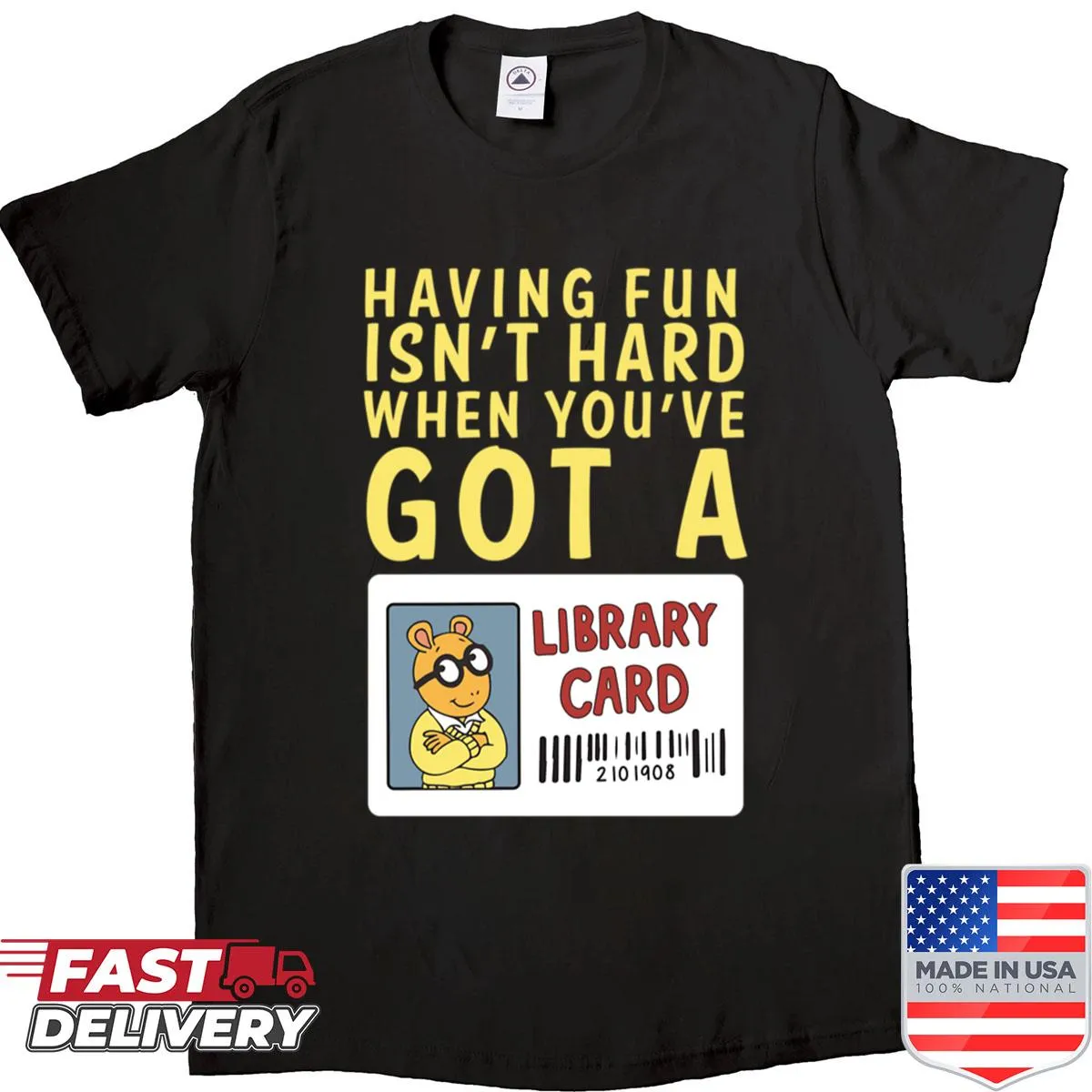 Shirt featuring an illustration of a library card with the name 'Arthur'