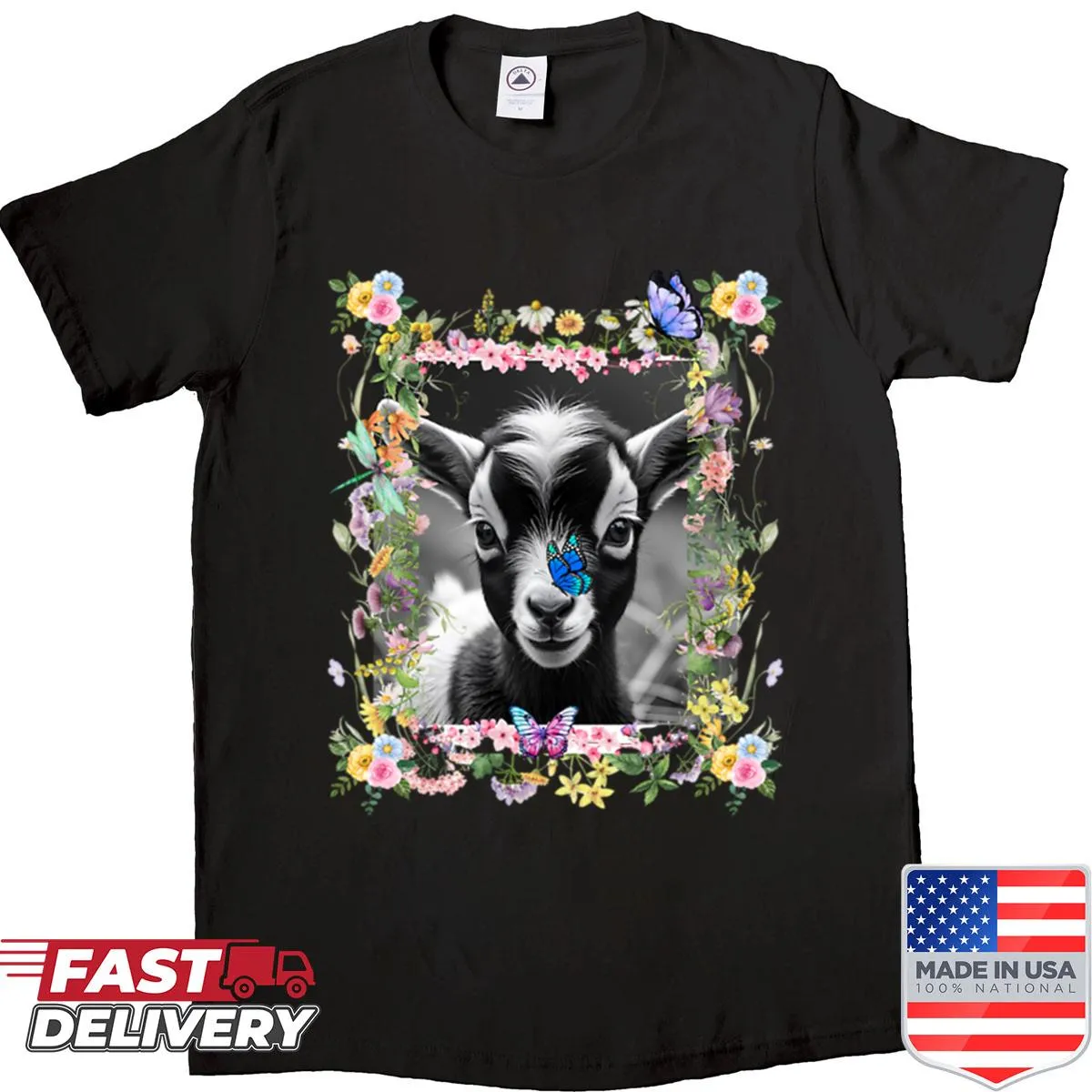 Cute baby goat graphic with butterflies and flowers