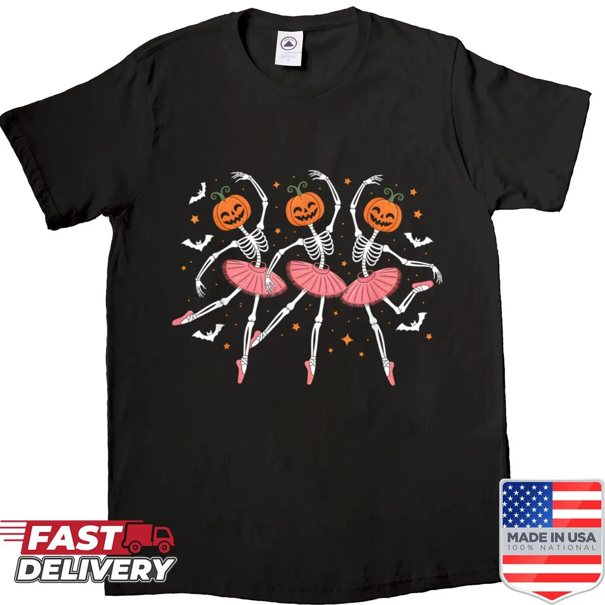 Ballet-themed Halloween t-shirt with pumpkin and skeleton illustration
