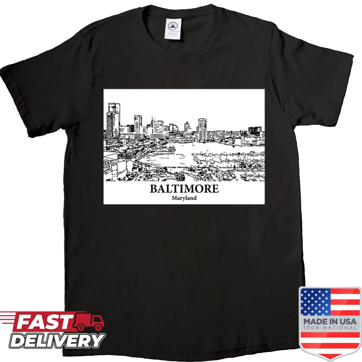 Minimalist design featuring Baltimore Maryland on T-shirt