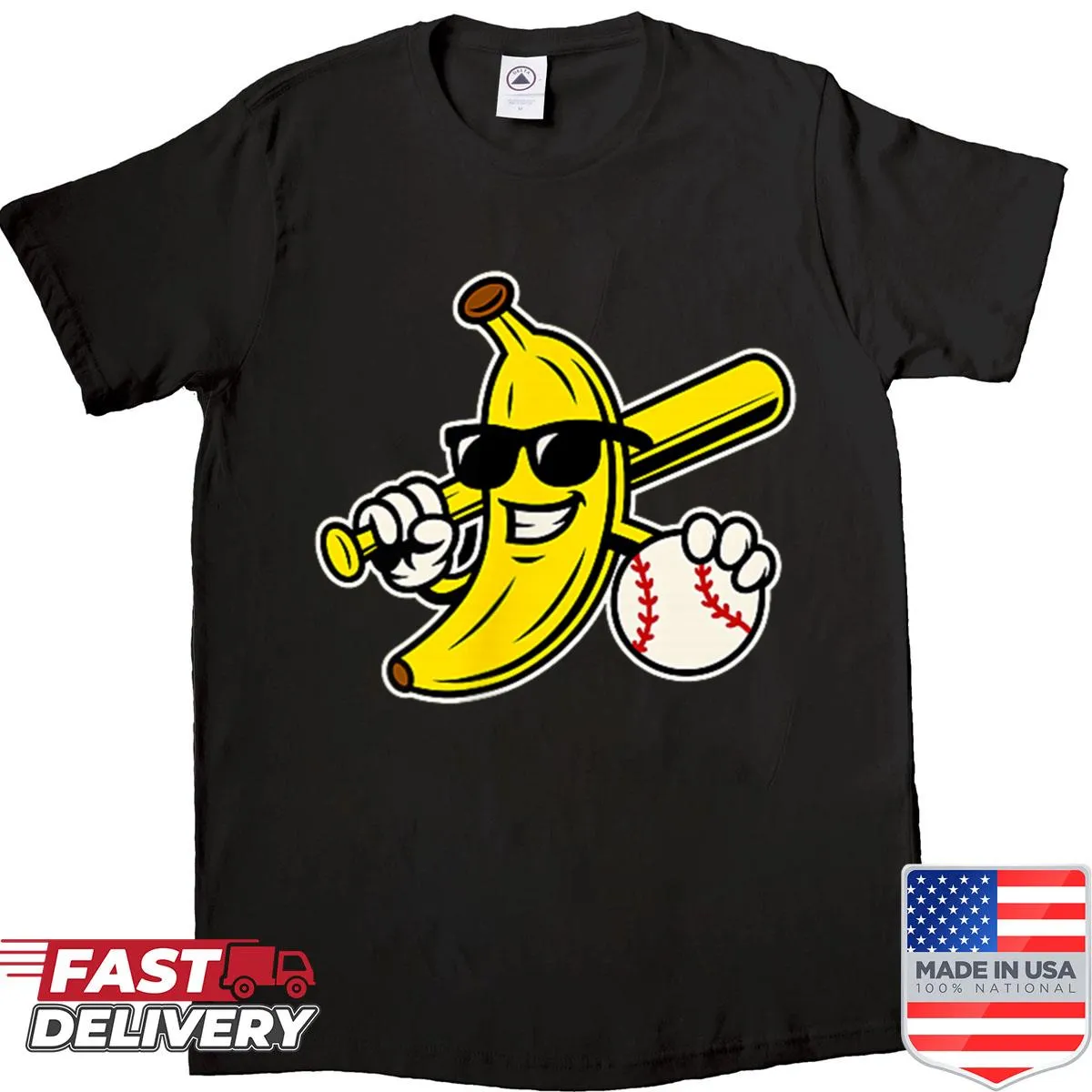 Whimsical banana graphic on a pocket T-shirt
