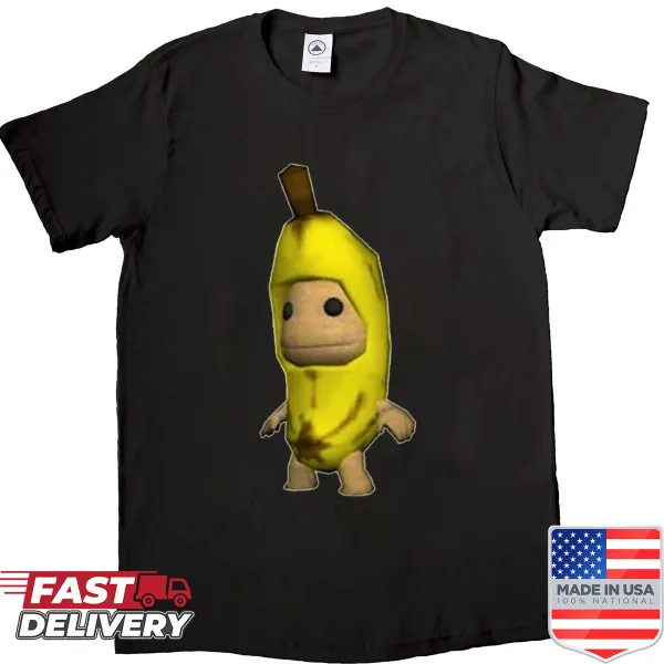 Whimsical Banana Sackboy character on a T-shirt.