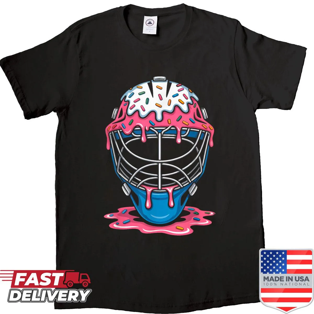 Illustrated baseball catcher mask with melting ice cream dripping design