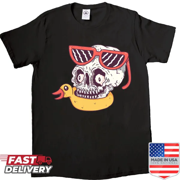 Cartoon skull on beach-themed t-shirt with sunglasses and accessories