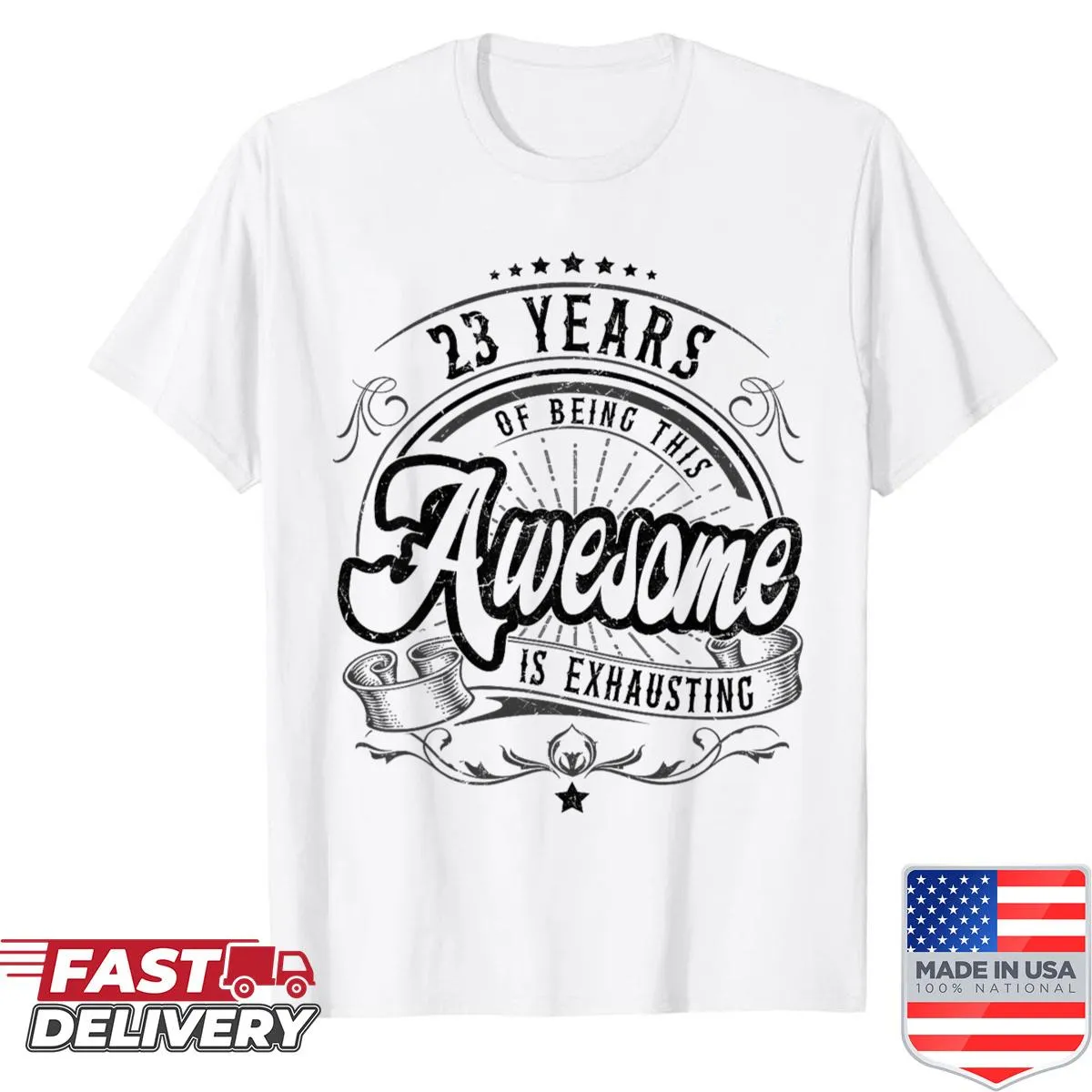 Vintage-style shirt celebrating 23 years of awesomeness