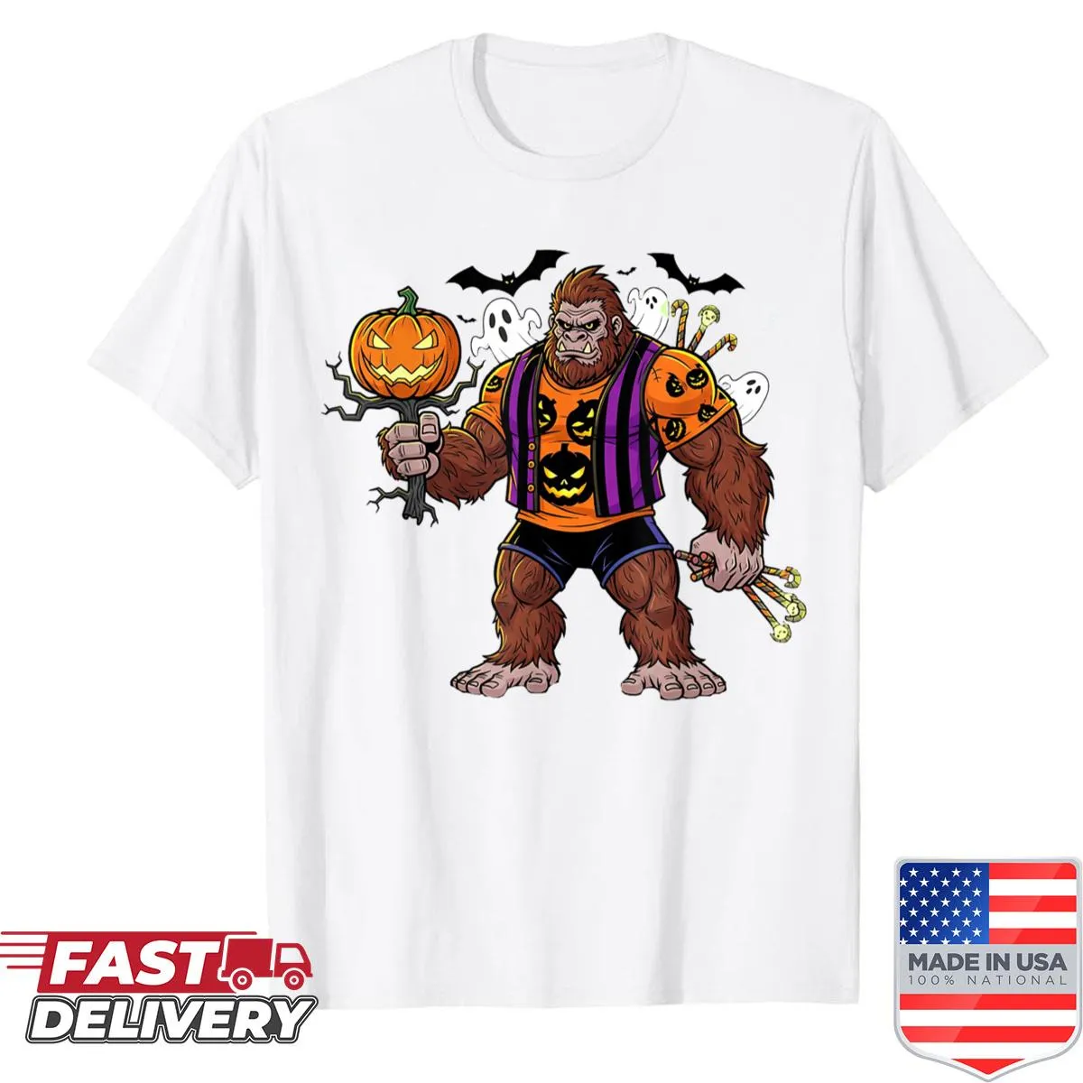 Cartoon Bigfoot with pumpkins and ghosts on a Halloween shirt