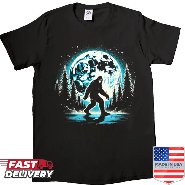Sasquatch illustration under a full moon on men's shirt