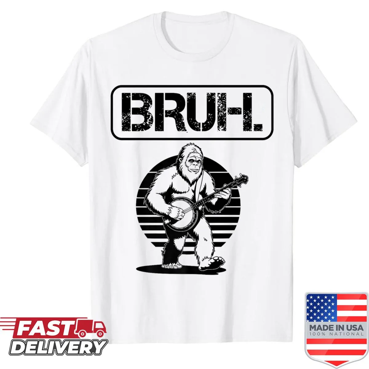 Bigfoot playing banjo in a humorous 'bruh' meme style