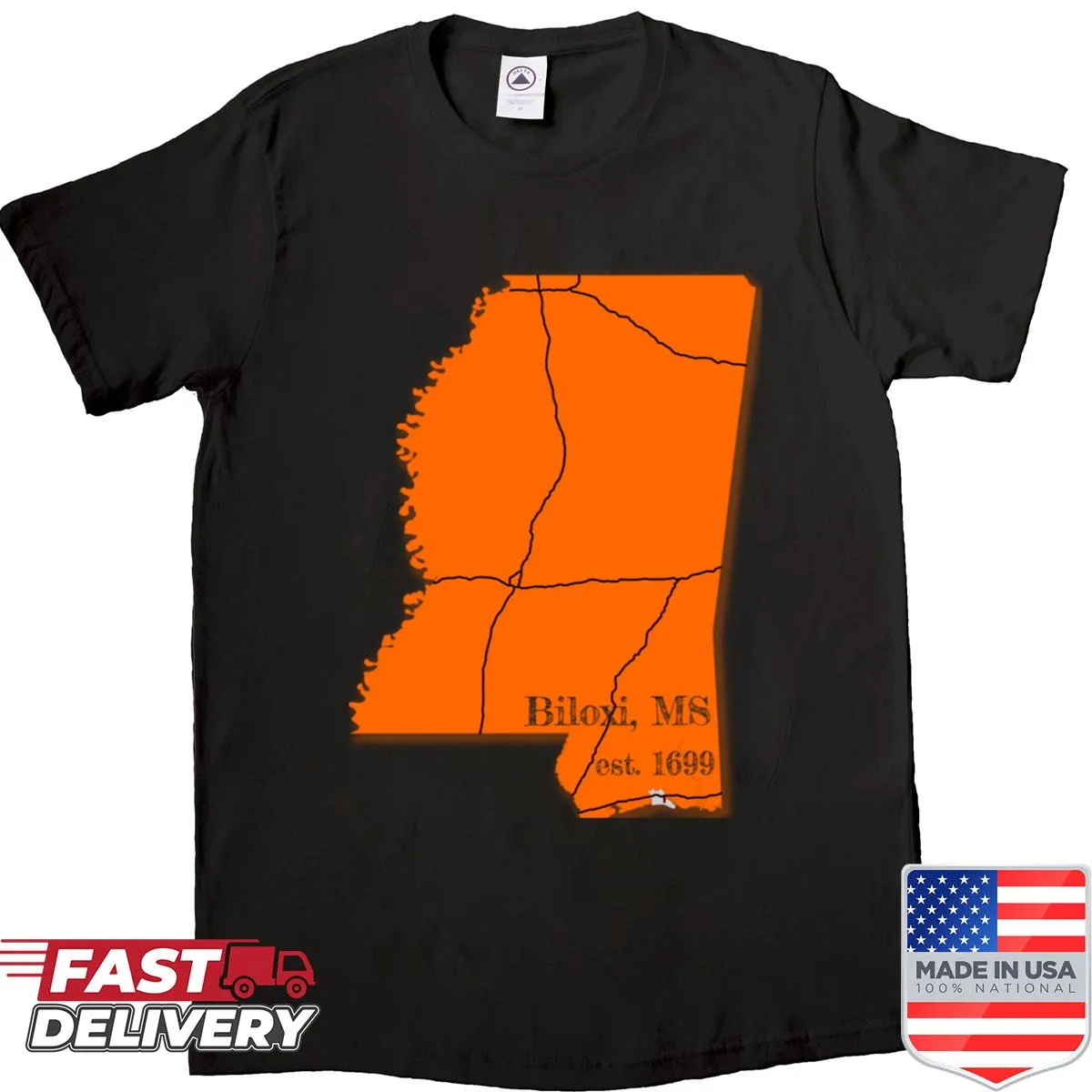 Orange Biloxi t-shirt celebrating the coastal charm of the area