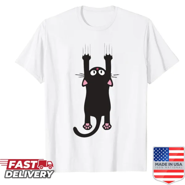 Cute black cat illustration holding onto a tree branch