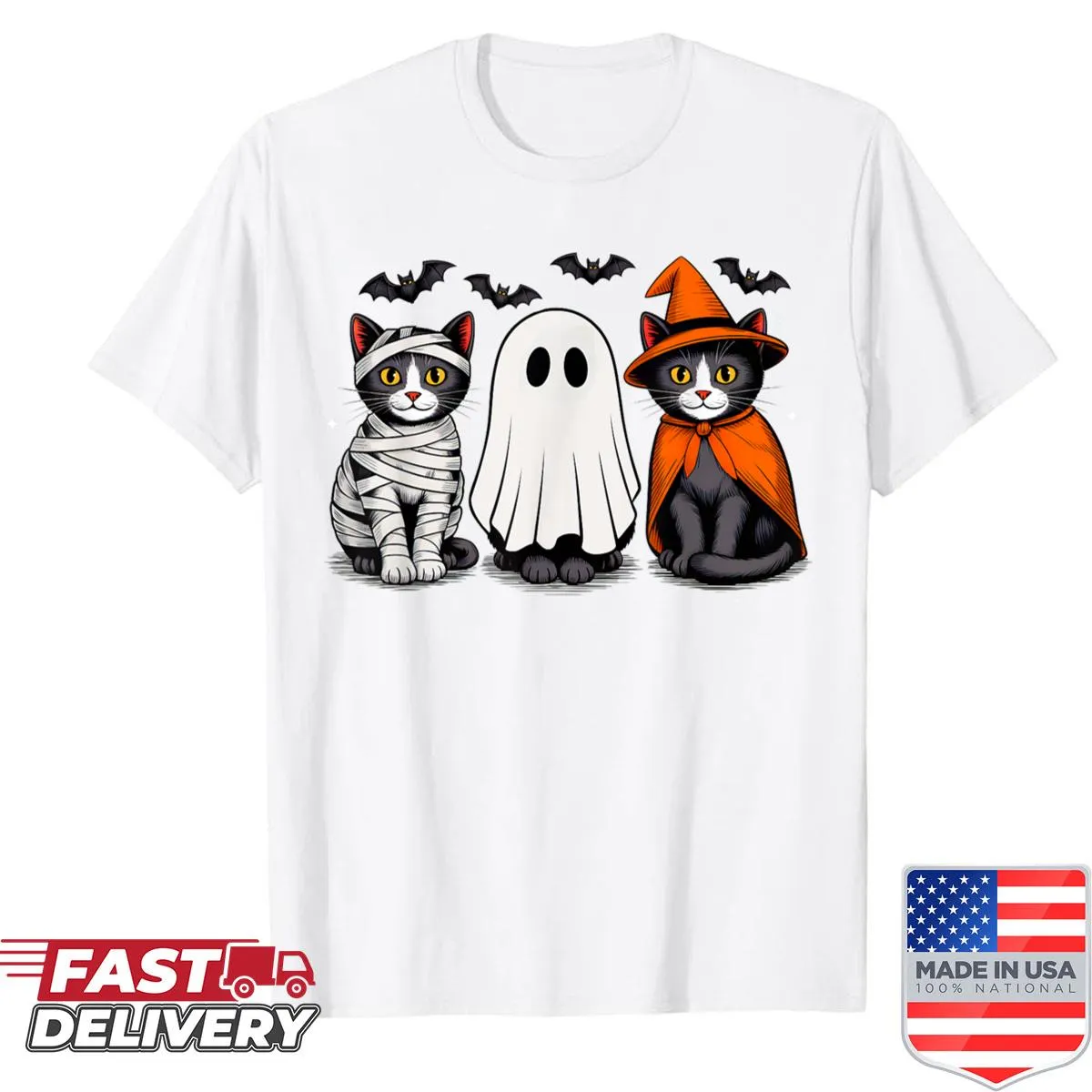 Halloween shirt with black cat, mummy, witch and ghost illustrations