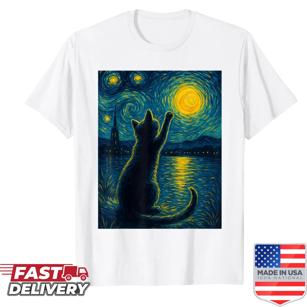 Starry night-inspired graphic featuring black cats