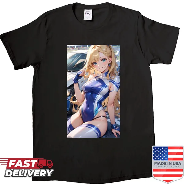 Illustration of a blonde racing queen winking in a blue outfit