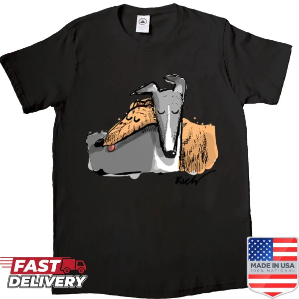 Shirt with an illustration of blue and brindle dog breeds